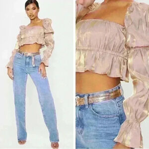 Pretty Little Thing Nude Metallic Ruched Waist Cropped Blouse Size 2/S Stretchy
